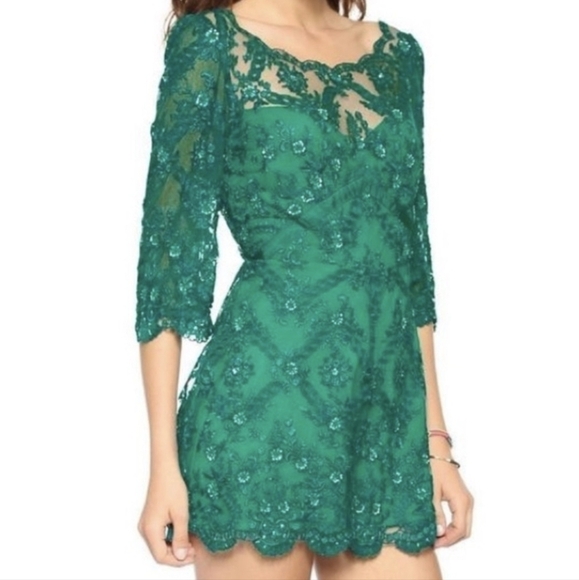 Free People Green Lace Sheer Sequin Songbird Embellished Mesh Romper Size 0